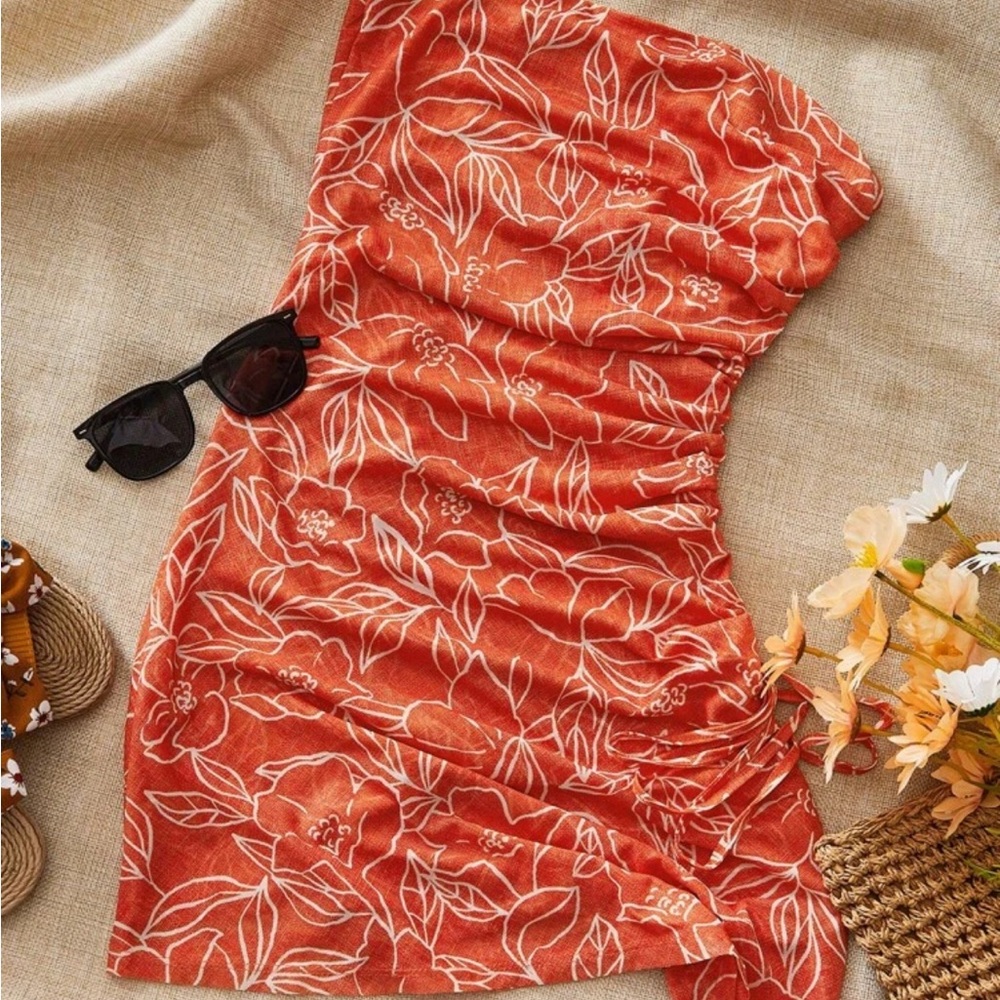 Floral Orange Strapless Dress